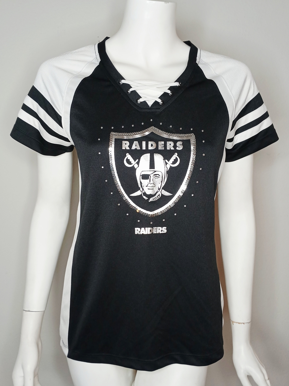 Majestic Black and White Raiders Lace-Up V-Neck Jersey
